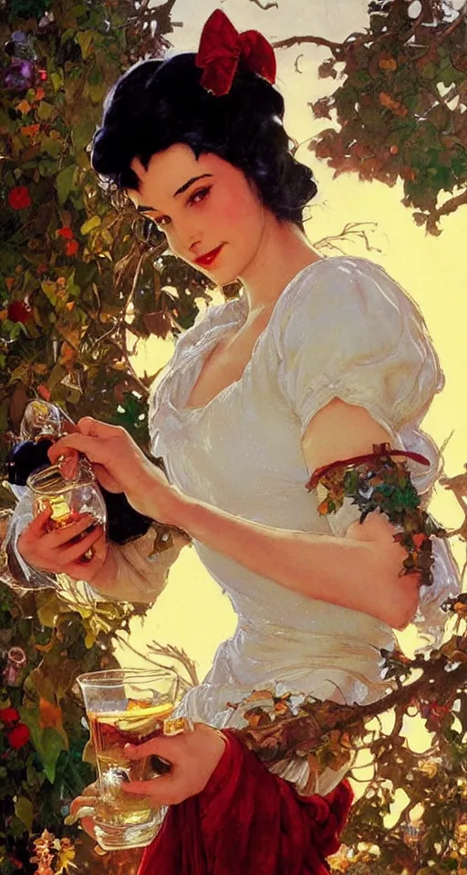 Prompt: close up of snow white pouring a drink, sun shining, photo realistic illustration by greg rutkowski, thomas kindkade, alphonse mucha, loish, norman rockwell.