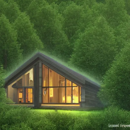 Prompt: cottage in clearing surrounded by trees, it is night, the windows are lit, concept art, aerial view, low fantasy