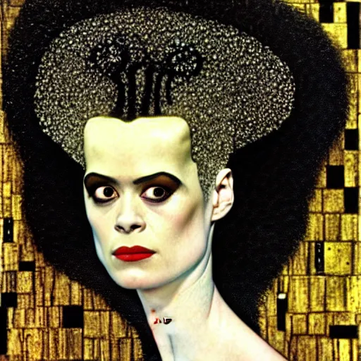 Image similar to bride of frankenstein influenced by gustav klimt.