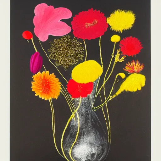 Image similar to a painting of a bunch of flowers on a black background, an ultrafine detailed painting by otto piene and ross bleckner, behance contest winner, nuclear art, biomorphic, dye - transfer, calotype