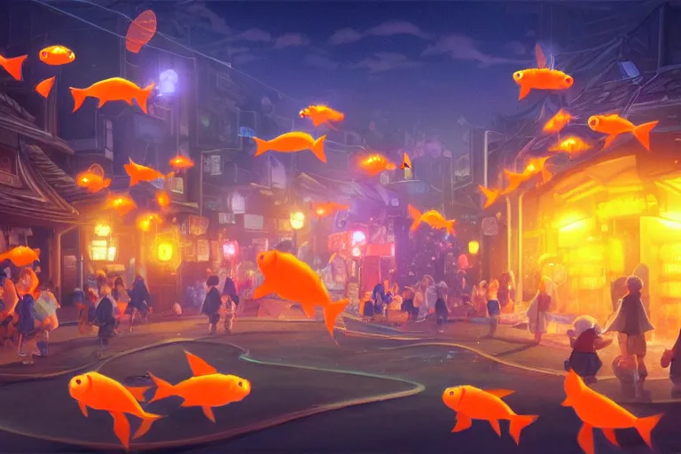 Image similar to fantasy art of a school of glowing goldfish swimming in the air, in the streets of a japanese town at night, with children outside watching in wonder, in the style of studio ghibli and makoto shinkai, highly detailed digital art, trending on artstation