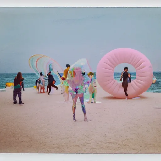 Image similar to a pastel colour high fidelity wide angle Polaroid art photo from a holiday album at a seaside with abstract inflatable parachute furniture, all objects made of transparent iridescent Perspex and metallic silver, high fidelity people in masks dance in the distance, iridescence, nostalgic