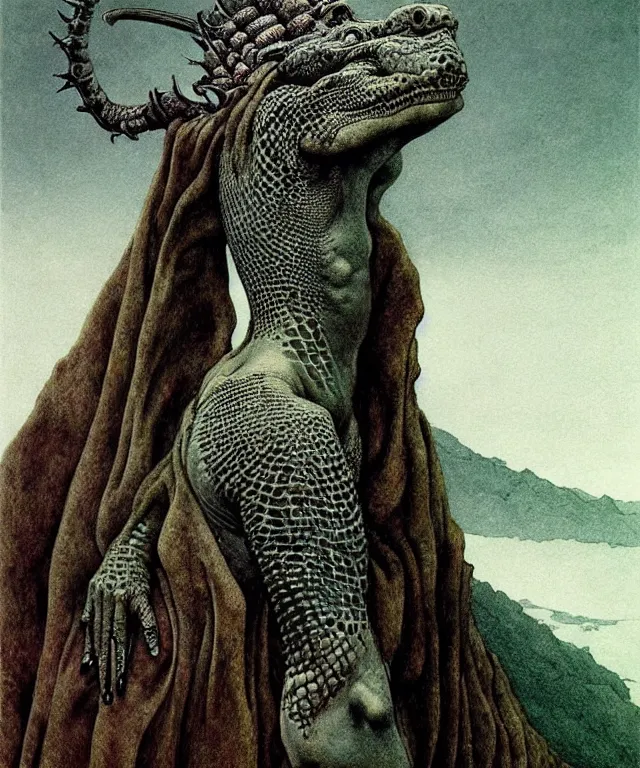 Image similar to A detailed horned crocodilewoman stands among the hills. Wearing a ripped mantle, robe. Perfect faces, extremely high details, realistic, fantasy art, solo, masterpiece, art by Zdzisław Beksiński, Arthur Rackham, Dariusz Zawadzki