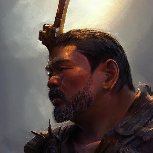 Image similar to side profile of a filipino man sitting on a tank wielding a scepter, highly detailed, d & d, fantasy digital painting, trending on artstation, concept art, sharp focus, illustration, volumetric light, intricate, matte, art by artgerm and greg rutkowski