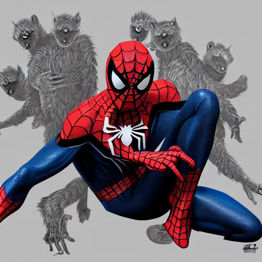 Image similar to spider - man sit on the raccoon and eating donuts, concept art, trending on artstation, highly detailed, intricate, sharp focus, digital art, 8 k