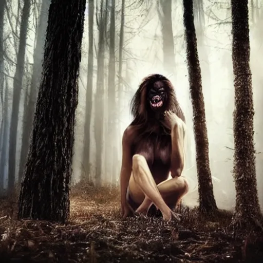 Image similar to photo of a beautiful woman partially transforming into a werewolf, in the moonlit forest. physiological transformation ; hybrid creature. highly - detailed ; photorealistic.