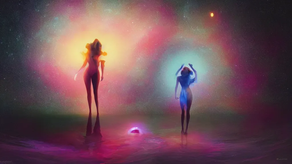 Image similar to a beautiful whimsical woman standing in a lake basking in the moonlight, underneath a multi-colored binary blackhole with an accretion disc, long exposure, by Lois van Baarle, by Greg Rutkowski, by artgerm, by beeple, cinematic angle, volumetric lighting, 4k resolution, octane render, trending on artstation, masterpiece