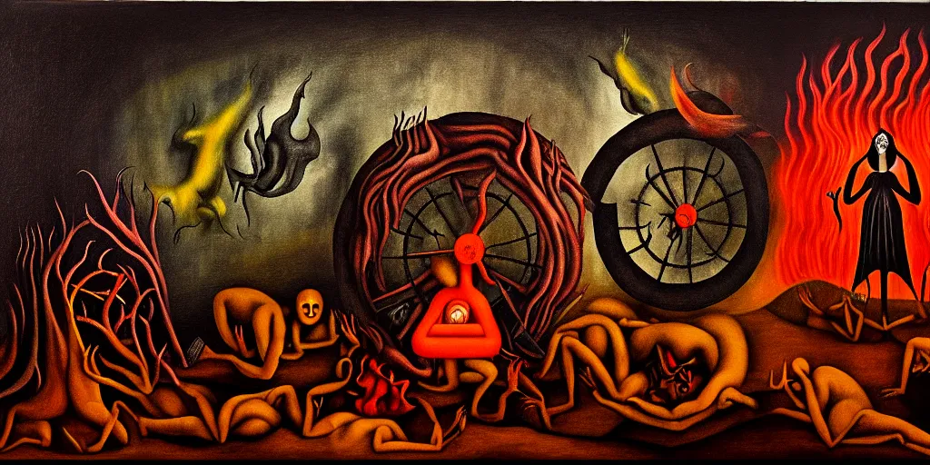 Image similar to trapped on a hedonic treadmill, dark uncanny surreal painting by leonora carrington, dramatic lighting from fire glow, mouth of hell, ixions wheel