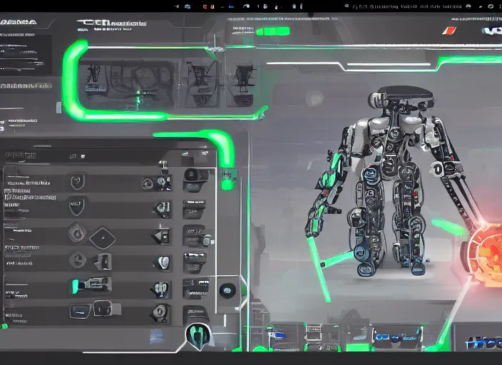 Prompt: cyberpunk graphics user interface ( gui ) depicting operational controls of a mech robot. design by mark coleran or jayse hansen