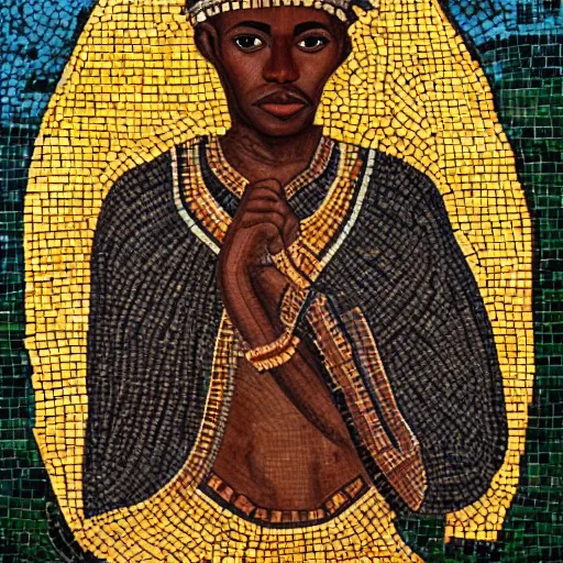 Prompt: realistic portrait of an ethiopian knight in a byzantine mosaic, very detailed, very realistic, elegant, top art, renowed artwork