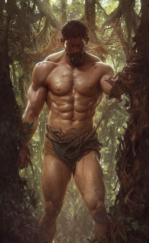 Image similar to god of the forest, 30 years old, rugged, male, gorgeous, detailed face face face face, amazing, thighs thighs thighs thighs, muscular, intricate, highly detailed, digital painting, artstation, concept art, sharp focus, illustration, art by greg rutkowski and alphonse mucha