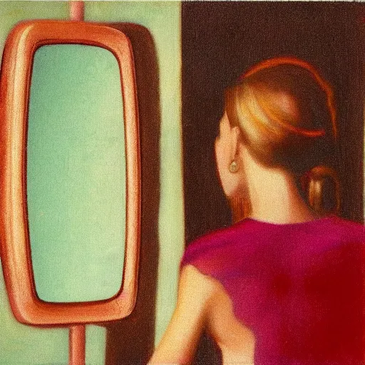 Prompt: a woman looking into the mirror, optical illusion