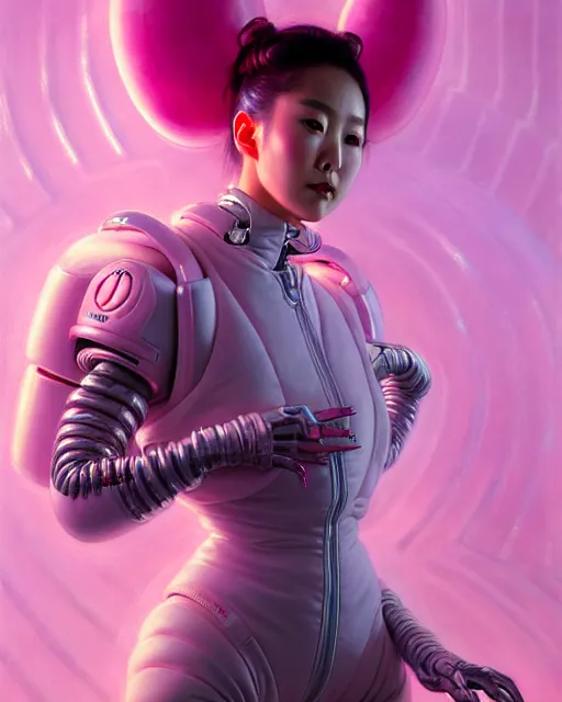 Image similar to beautiful fantasy character portrait, roseanne park, wearing pink puffy bomber jacket with leotard, futuristic robots, ultra realistic, dramatic lighting, robots, the fifth element artifacts, highly detailed by peter mohrbacher, hajime sorayama, wayne barlowe, boris vallejo, aaron horkey, gaston bussiere, craig mullins