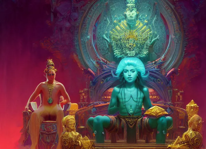 Image similar to wide view picture of a extremely beautiful and aesthetic lord of materialization, sitting on the throne, centred position, bright hair, floating greed cubes on the background, lighting eyes, magic and fantasy, highly detailed face, specular reflection, occlusion shadow, intricate, masterpiece, by ilya kuvshinov and jeremy lipking and quentin mabille