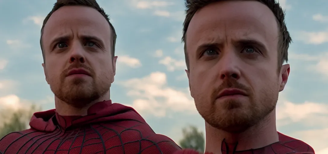 Image similar to Jesse Pinkman as Spider-Man, film still, wide-shot, full shot, cinematic lens, heroic portrait