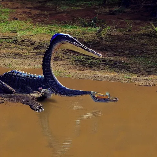 Prompt: curious indian gharial sliding through the mud, digital art, artstation, colorful