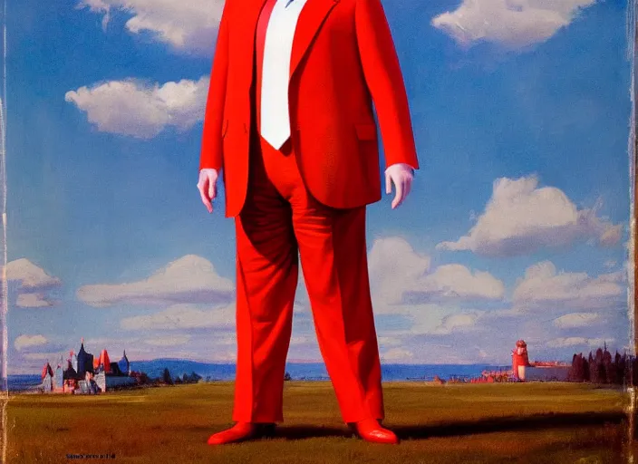 Prompt: donald trump dressed as ronald mcdonald, matte painting, by isaac levitan and asher brown durand,