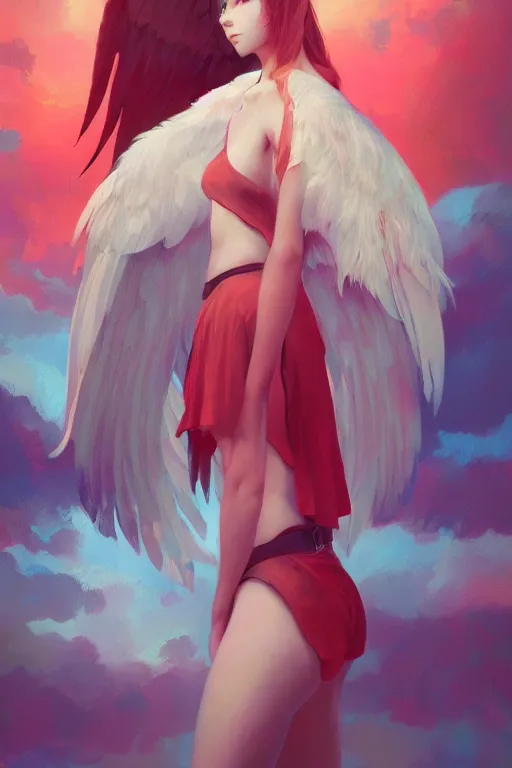 Prompt: a portrait of girl with two wings on her back and feathers. vivid colors, soft lighting, atmospheric, cinematic, moody, in the style of Ilya Kuvshinov and Range Murata, Krenz Cushart, rule of thirds, oil on canvas, 8k