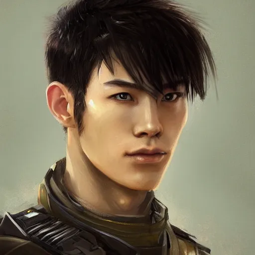 Image similar to Portrait of a man by Greg Rutkowski, he is about 20 years old, japanese, short black hair with bangs, young, manly, attractive, slim, he is wearing futuristic military fatigues, highly detailed portrait, scifi, digital painting, artstation, concept art, smooth, sharp foccus ilustration, Artstation HQ