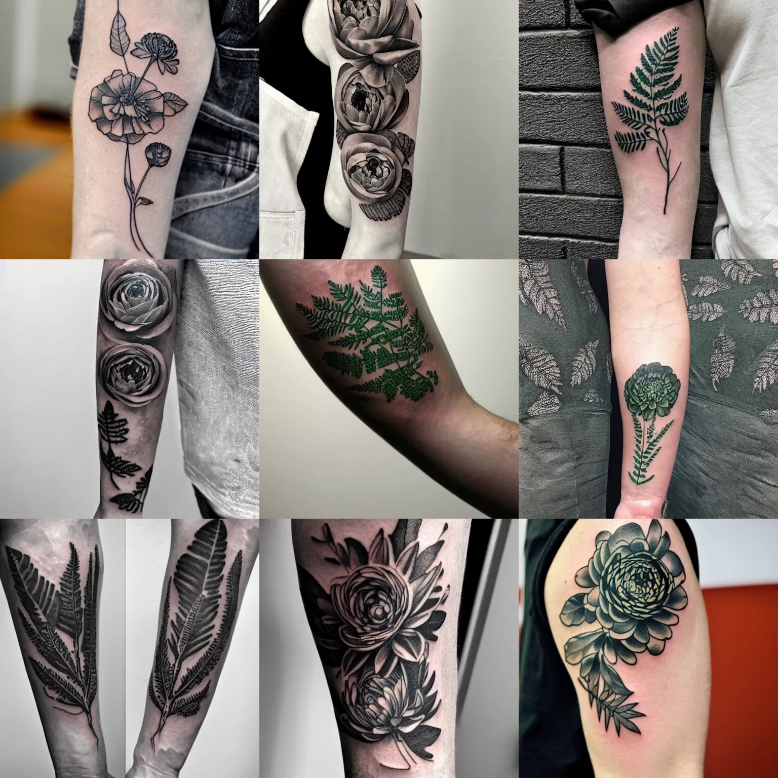 Prompt: A detailed black ink sleeve tattoo of a ranunculus with fern leaves winding around the arm