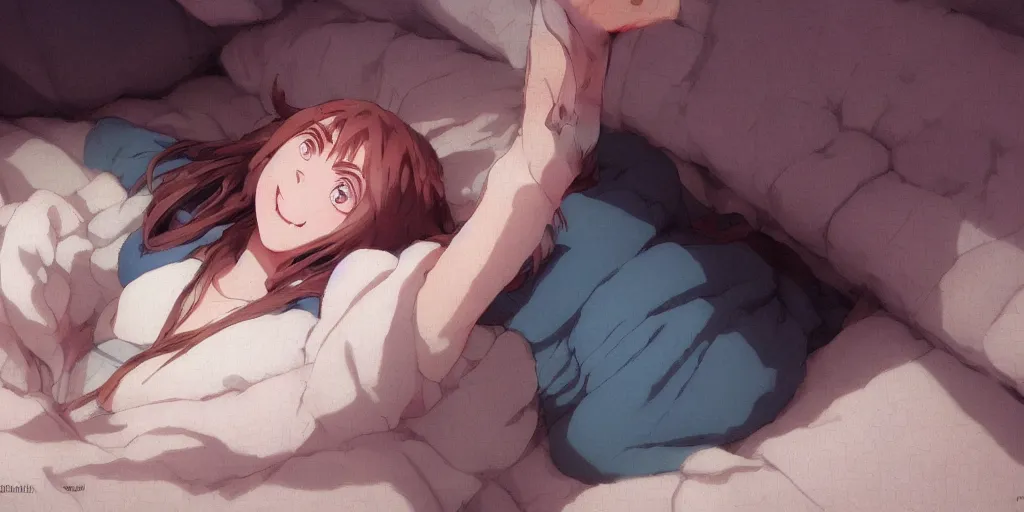 Image similar to a brunnete girl with blue eyes and puffy cheeks lying happy in her bed, close up shot from the top, anime art, Greg Rutkowski, studio ghibli, dramatic lighting