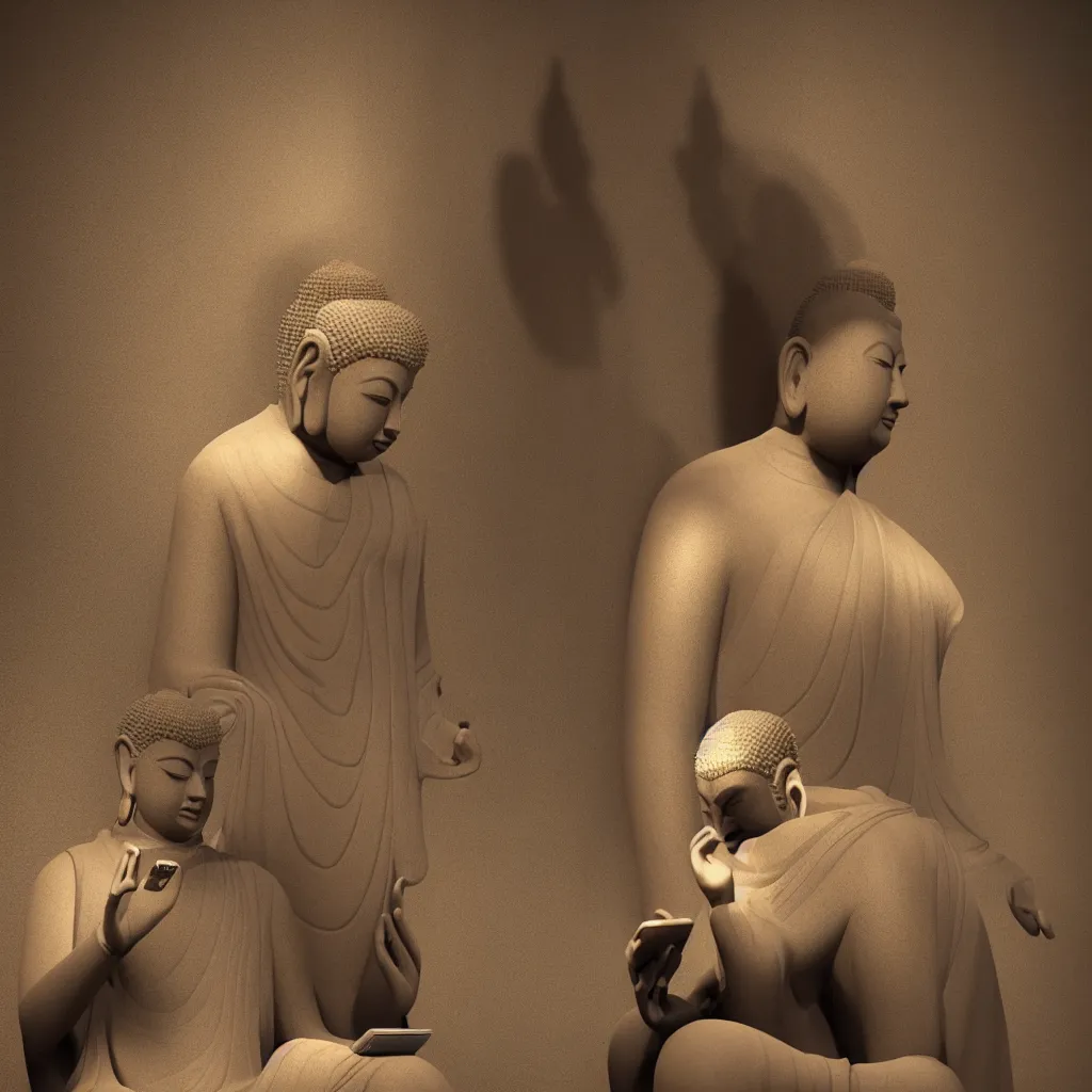 Image similar to 3 d render of a beautiful meditating buddha checking his smartphone, neo noir