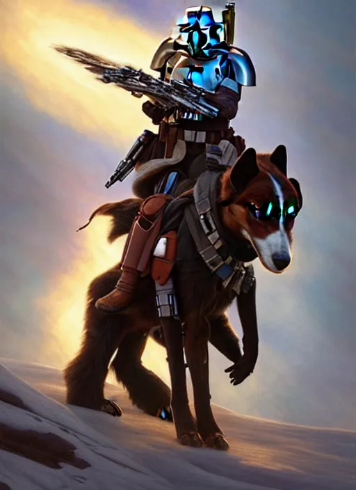 Image similar to mandalorian riding a bernese montain dog, star wars, beautiful glowing lights, sci - fi, stunning, intricate, elegant. highly detailed, digital painting. artstation. smooth. sharp focus. illustration. art by artgerm and greg rutkowski and alphonse mucha