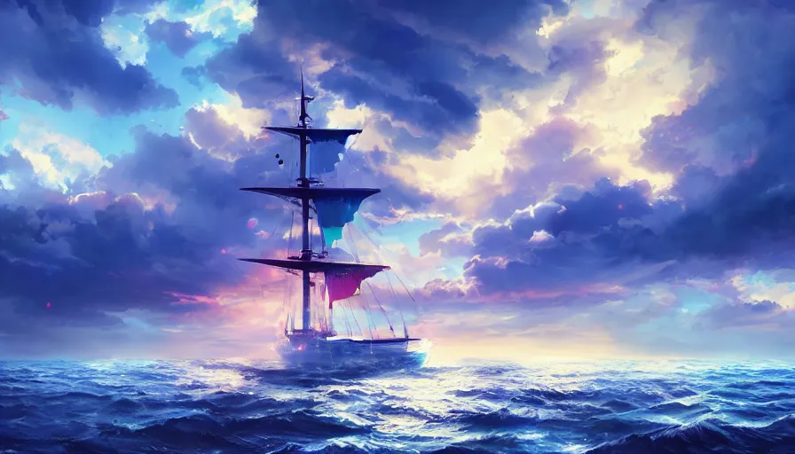 Image similar to one piece ship sailing, stormy sky, sun sunset, with blue light piercing through clouds, makoto shinkai, royal blue colors, lighting refraction, volumetric lighting, pixiv art, highly detailed, anime art, symmetrical, wlop, anime art