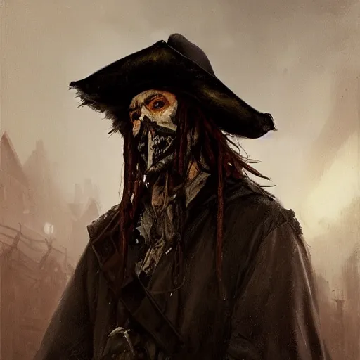 Prompt: masterpiece portrait painting a dirty skull masked hunched old slim pirate lord with a black hat, long beard, long hair, black coat, ragged and torn, wooden inn by torchlight, by greg rutkowski and noah bradley, trending on artstation