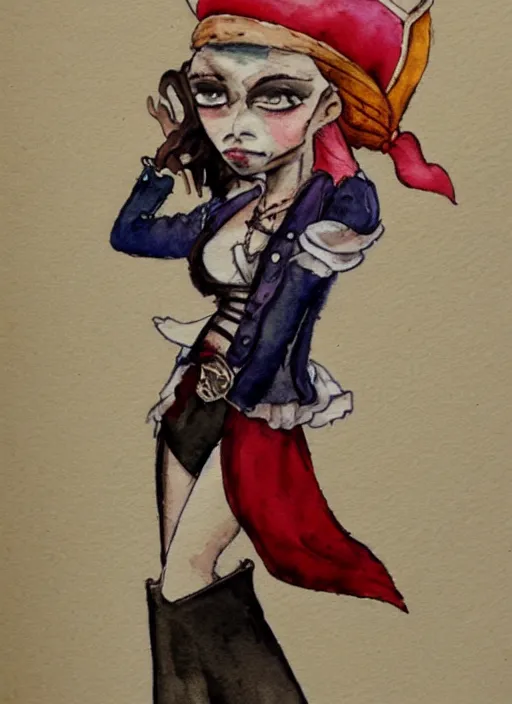 Prompt: watercolor of a woman wearing a pirate costume, featured on deviantart