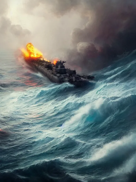 Prompt: photo of 8k ultra realistic burning battleship at sea, heavy storm, rain, large waves, full of colour, cinematic lighting, battered, trending on artstation, 4k, hyperrealistic, focused, extreme details,unreal engine 5, cinematic, masterpiece, art by Peter Mohrbacher