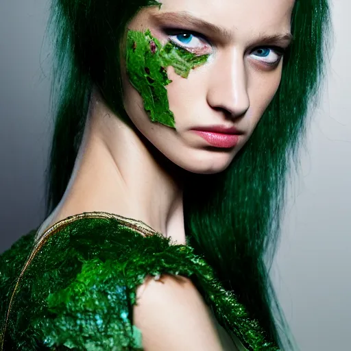 Prompt: A beautiful portrait of Daria Strokous as Poison Ivy from Batman and a model at Maybelline fashion show as a model Spring/Summer 2018, highly detailed, in the style of cinematic, Milan fashion week backstage, Extreme close up, Makeup by Pat McGrath, Hair by Guido Palau, Greg rutkowski