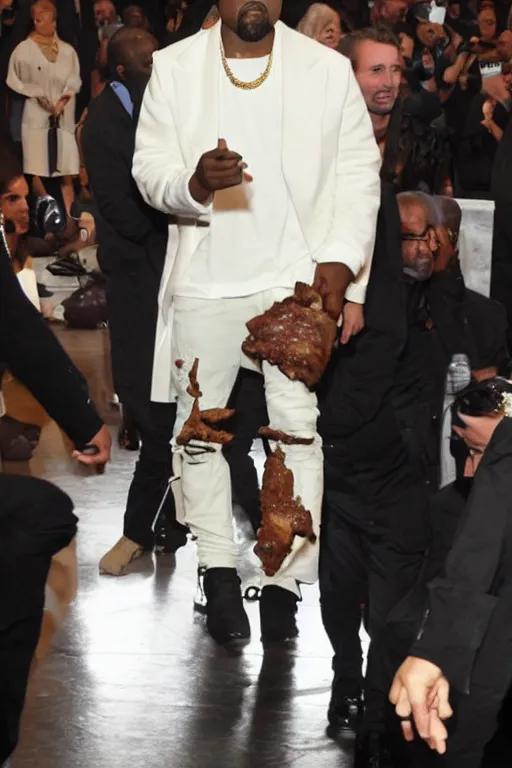 Image similar to kanye west wearing a suit made of steak, runway photo