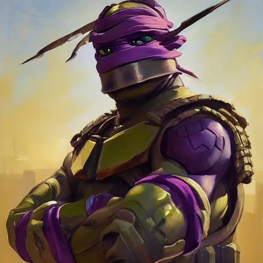 Image similar to greg manchess portrait painting of armored donatello of tmnt as overwatch character, medium shot, asymmetrical, profile picture, organic painting, sunny day, matte painting, bold shapes, hard edges, street art, trending on artstation, by huang guangjian and gil elvgren and sachin teng