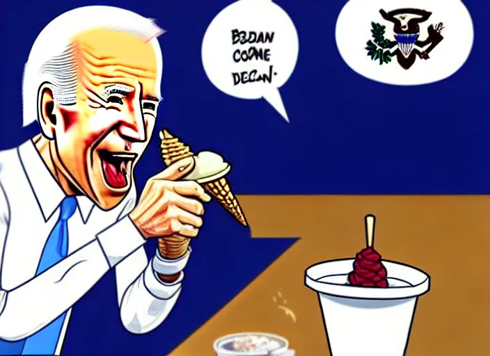 Image similar to joe biden eating ice cream scoop on a ice cream cone, political cartoon, high detail