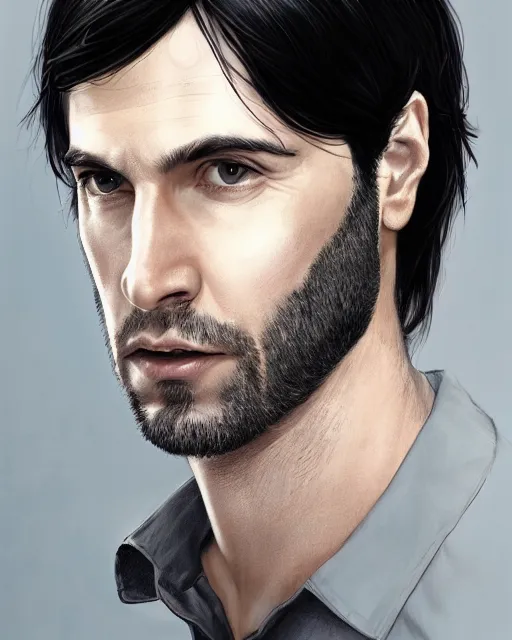 Image similar to portrait of tall, 3 3 - year - old handsome man with long dirty black hair, and grey eyes, wearing black clothes, smooth clear face, no beard, hyper realistic face, aristocratic appearance, beautiful eyes, character art, art by mark brooks, hyperdetailed, cryengine, trending on artstation, digital art