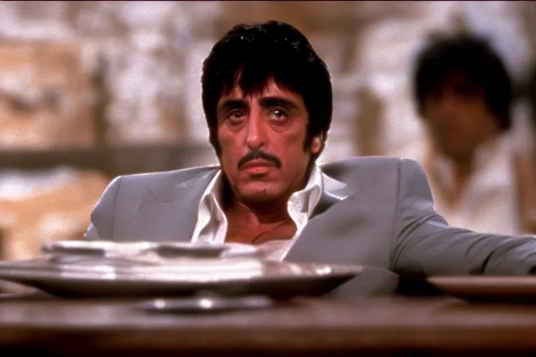 Image similar to tony montana from movie scarface 1 9 8 3 sitting behind a big black oak table with big large packages of flour. al pacino. perfect symmetric face, coherent eyes, close up, fine details, 4 k, ron cobb. last scene from scarface movie, bokeh