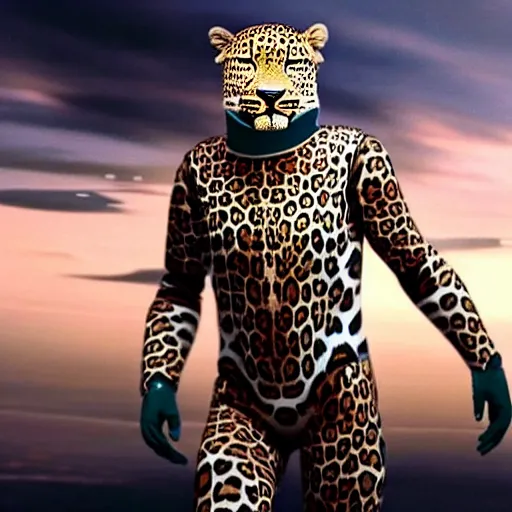 Prompt: A beautiful scene from a 2020 sci-fi film featuring a humanoid leopard wearing a futuristic uniform on a starship. An anthropomorphic leopard in a uniform.