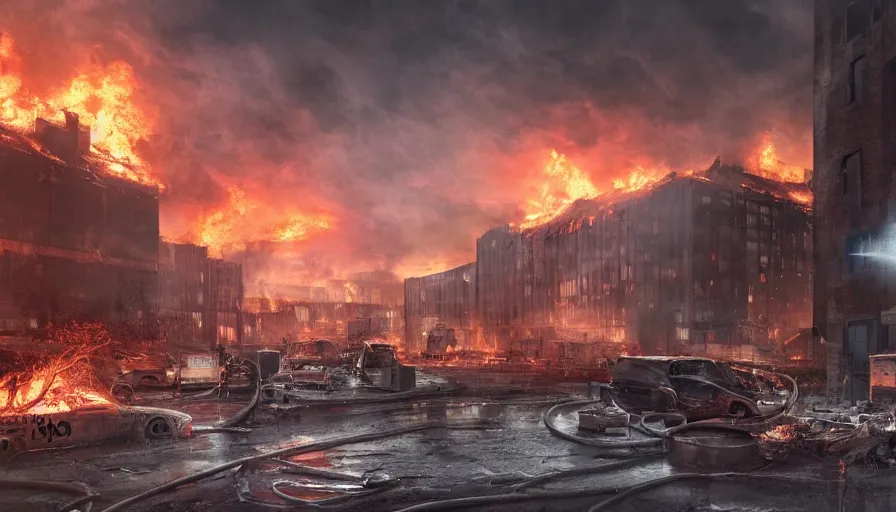 Image similar to A detailed render of a post apocalyptic scene of Fire and explosions at the 3rd precinct in Minneapolis on fire, sci-fi concept art, lots of fire, panic, dark, clouds, 8k, high detail, advanced rendering whimsically designed art, 4k post-processing highly detailed, Soft illumination