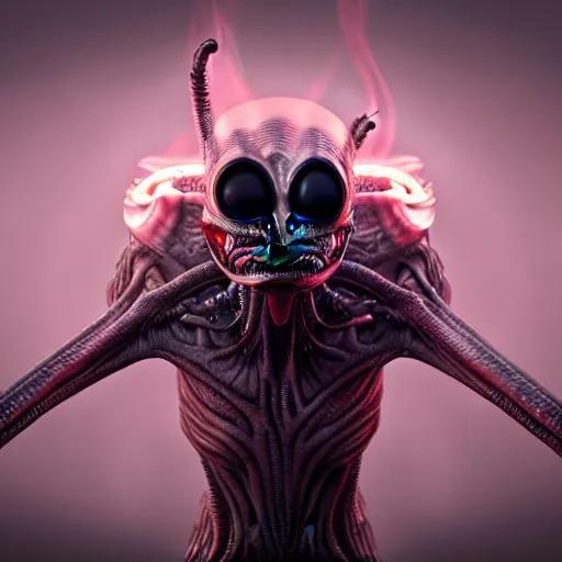 Image similar to alien symbiotic creature. centered position. evil fantasy. octane render. horror. surrounded by smoke.