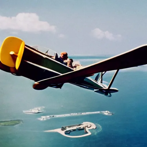 Image similar to hunter s. thompson flying a biplane over a beautiful oceanscape, 4 k,