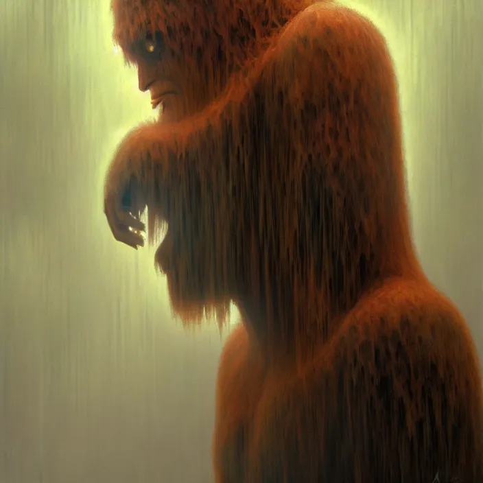 Image similar to translucent Bigfoot with flaming eyes, veiled in mist, diffuse lighting, fantasy, intricate, elegant, highly detailed, lifelike, photorealistic, digital painting, artstation, illustration, concept art, smooth, sharp focus, art by John Collier and Albert Aublet and Krenz Cushart and Artem Demura and Alphonse Mucha