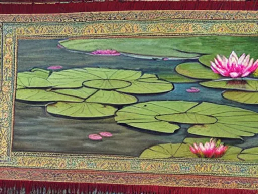 Prompt: A beautiful painting of a waterlily pond in the style of Persian Carpet