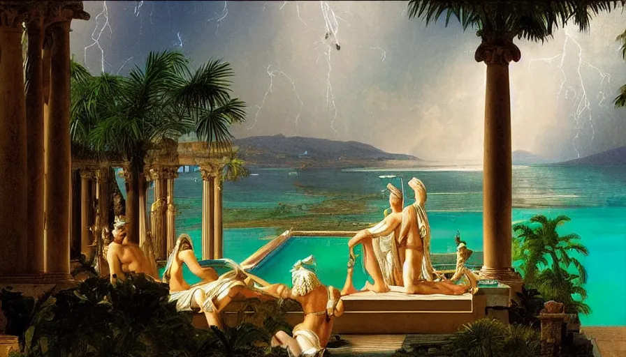 Image similar to From the balcony of the giant Palace, mediterranean balustrade and columns, refracted line and sparkles, thunderstorm, greek pool, beach and Tropical vegetation on the background major arcana sky and occult symbols, by paul delaroche, hyperrealistic 4k uhd, award-winning, very detailed paradise