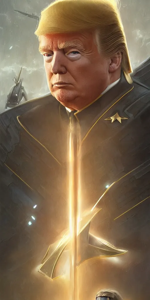 Image similar to portrait of Donald Trump wearing his starfleet captains uniform, realistic character concept, high fantasy, light atmosphere, golden ratio, cinematic lighting, hyperdetailed, high resolution, insanely detailed and intricate, artstation, Marc Simonetti, Greg Rutkowski