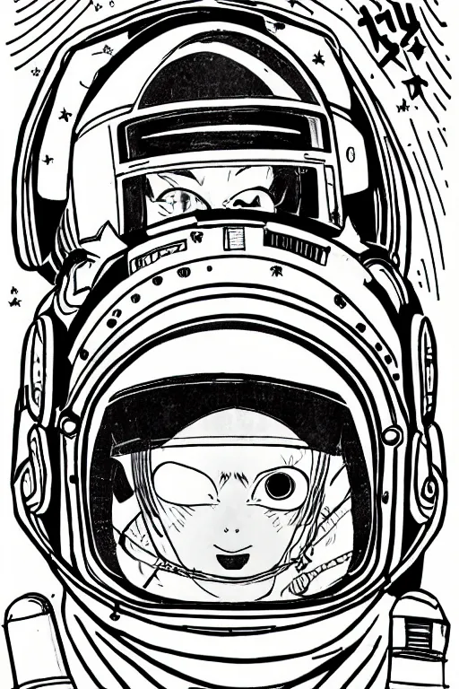 Image similar to manga portrait of a woman wearing a space helmet, akira toriyama, lineart, black and white, scifi, big clouds visible in the background, stars in the sky, high contrast, deep black tones