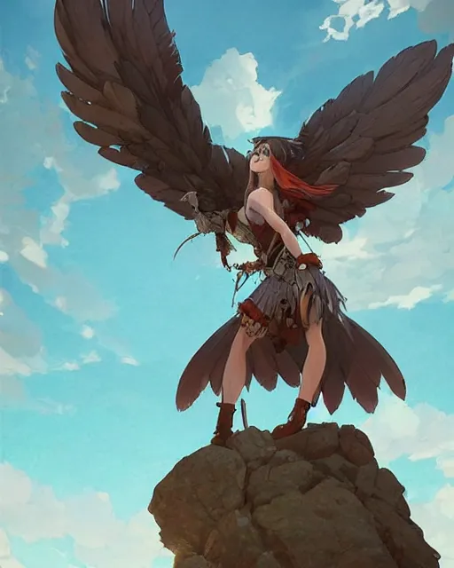 Image similar to a female anthropomorphic eagle warrior standing heroically on a rock, she is wearing feathers. trees. atmospheric lighting. Eagle girl. By Makoto Shinkai, Stanley Artgerm Lau, WLOP, Rossdraws, James Jean, Andrei Riabovitchev, Marc Simonetti, krenz cushart, Sakimichan, D&D trending on ArtStation, digital art.