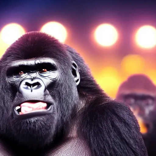 Image similar to a gorilla singing into a microphone as large crowd of people scream, at an outdoor night time stadium concert. highly detailed. wide angle