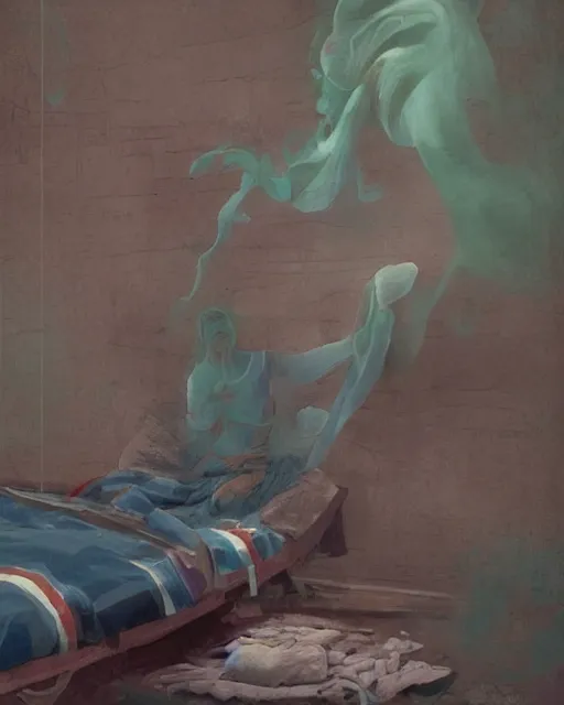 Image similar to a woman floating abover her bed at night, astral projection, green smoke! surreal concept art, lifelike, photorealistic, digital painting, aesthetic, smooth, sharp focus, artstation hd, artgerm and by greg rutkowski, bruce pennington, valentina remenar, rhads, asher duran,