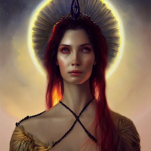 Image similar to a beautiful portrait of a celestial goddess by Jim Burns and Tom Bagshaw, Trending on Artstation